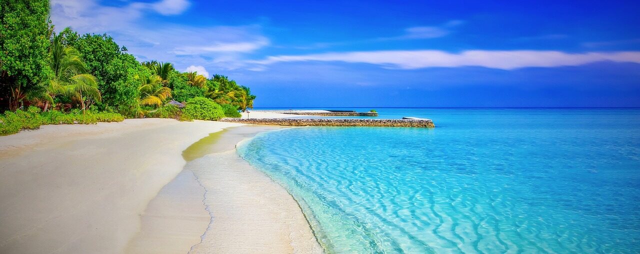 beach, sea, panorama, panoramic, blue sea, blue ocean, horizon, seascape, tropical, tropical island, shore, seashore, coast, coastline, sandy beach, paradise, palm trees, ocean, water, holiday, white sand, exotica, blue, warm, relax, exotic, nature, island, secluded beach